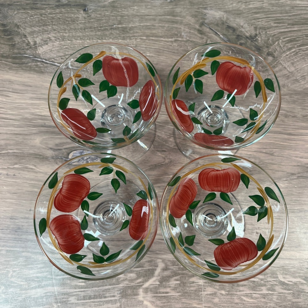 Franciscan Ware Imperial Glass Apple Hand Painted Crystal Coupes Set 4 4oz Clear